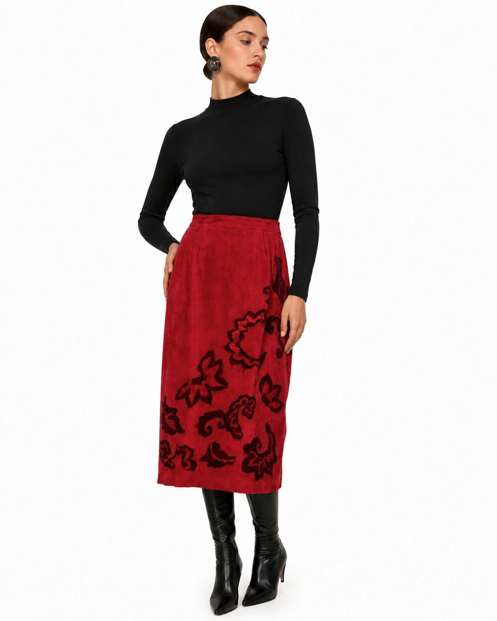 Vintage Red Suede Midi Skirt Silk Applique Artwear | Vintage 10